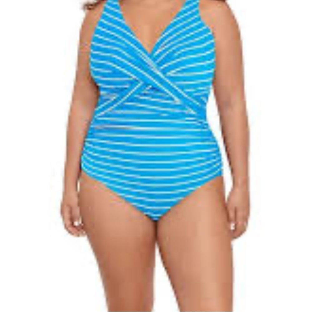 NEW! BAL HARBOUR BLUE/WHITE STRIPE ONE-PIECE CROSSOVER SWIMSUIT Size 24W